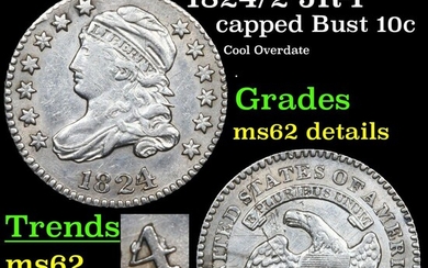 ***Auction Highlight*** 1824/2 JR-1 Capped Bust Dime 10c Graded ms62 details By SEGS (fc)