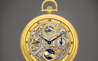 Audemars Piguet Quantieme Perpetual | A yellow gold skeletonised perpetual calendar open face keyless watch with day, date, moon phases and leap year indication, Circa 1982 | 愛彼 | Quantieme Perpetual | 黃金鏤空萬年曆懷錶，備日期、星期、月相及閏年顯示，約1982年