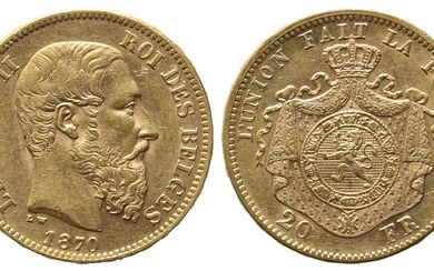 BELGIQUE - Léopold II (1865-1909). 20 Francs 1870. Au (6,44 g). SPL
