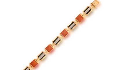 A CORAL AND ENAMEL BRACELET, FRENCH, CIRCA 1950 Composed of alternating links, either set with...