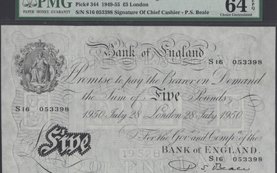 Bank of England, Percival S. Beale, £5, 28 July 1950, serial number...