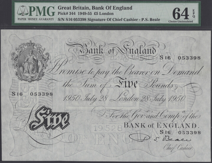 Bank of England, Percival S. Beale, £5, 28 July 1950, serial number...