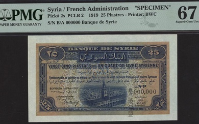 Banque de Syrie, Syria, [Top Pop] specimen 25 Piastres, 1st April 1919, serial number B/A 00000...