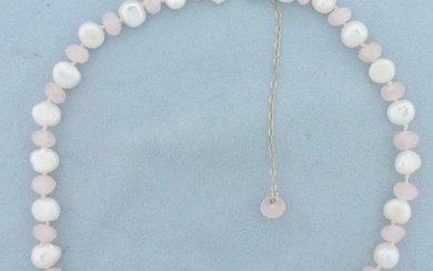 Baroque Pearl and Rose Quartz Hand Knotted Choker Necklace in 14k Yellow Gold