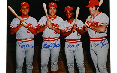 "Big Red Machine" Reds 16x20 Photo Signed by (4) with Tony Perez, Johnny Bench, Joe Morgan, & Pete Rose (PSA)