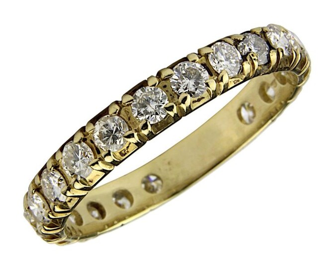 Brilliant memory ring, Germany modern, 585 yellow gold ring bar, set with 20 brilliant-cut diamonds, total 0.90 ct., colour white, clarity si - vsi, ring size 58, weight 2.38 g, not stamped but tested. 2562-0005