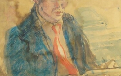 British School, early/mid-20th century- Portrait of a seated man turned to the right; pen, pastel, gouache, and watercolour on paper, 35.5 x 25 cm