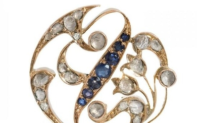 Brooch in yellow gold, sapphires and diamonds. 19th century. Round model with naturalistic-inspired