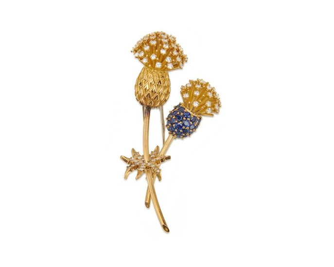 CARTIER 18K Gold, Sapphire, and Diamond Thistle Brooch
