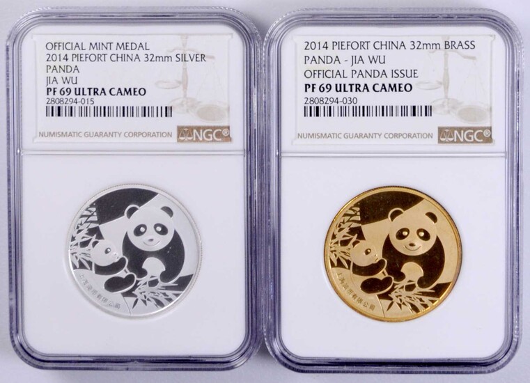 CHINA. Duo of Piefort Medals (2 Pieces), 2014. Panda Series. Both NGC PROOF-69 Ultra Cameo Certified.