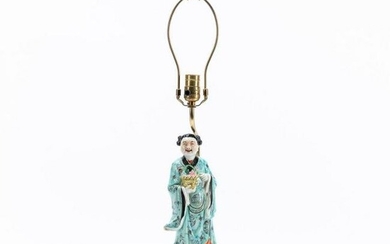 CHINESE PORCELAIN STANDING FEMALE FIGURE AS LAMP