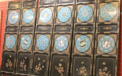 CHINESE SIX PANEL SCREEN W/ CLOISONNE MEDALLIONS