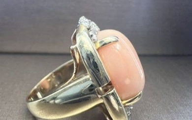 CORAL PINK RING WITH DIAMOND 0.5 CTS GH SI1 YELLOW GOLD 14K