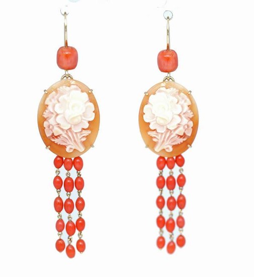 Cameo earrings with carved flowers & coral.