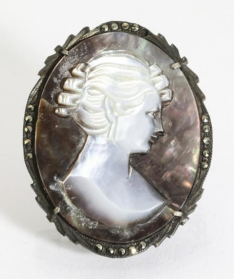 Cameo pin or pendant, sterling and mother of pearl