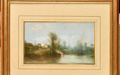 Camille FLERS (1802-1868) Bord d'étang animé Pastel Signé en bas à gauche 18 x 29...