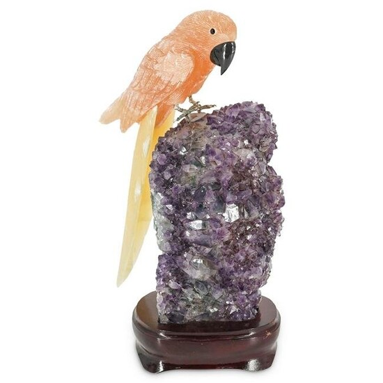 Carved Semi Precious Parrot On Amethyst