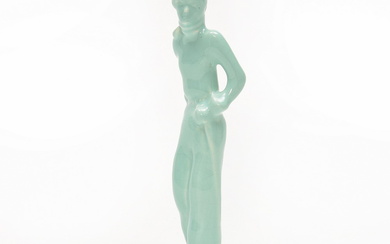 Celadon glazed sculpture of a skiing woman, design Etha Lempke...