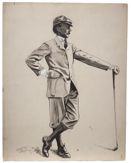 Charles Napier Ambrose, British 1876-1946- E Otto; brush and black ink and wash heightened with white on grey coloured paper, signed, 29 x 22.5 cm: together with three other drawings/original artworks for illustration of golfers and golfing...