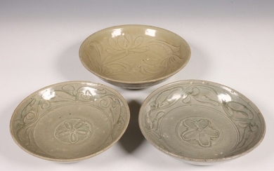 China, drie celadon porseleinen schoteltjes, Noordelijke Song dynastie, 10e-12e eeuw,...
