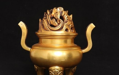 Chinese Gilt Gold Bronze Double Ear Three Legs Incense Burner
