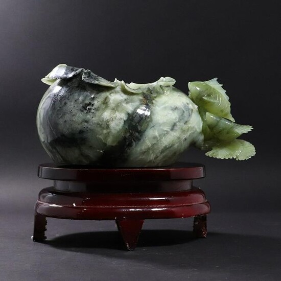 Chinese Green Jade Fish Bowl with Fish on Stand