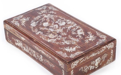 Chinese Mother-of-Pearl MOP inlaid hardwood box with lid; floral motif with geometric border