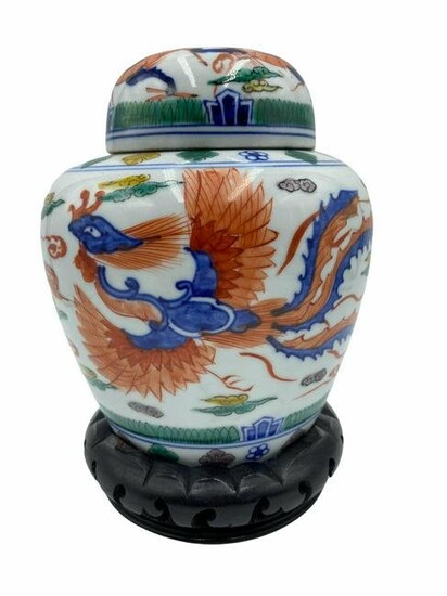 Chinese Porcelain Ginger Jar with Wood Stand