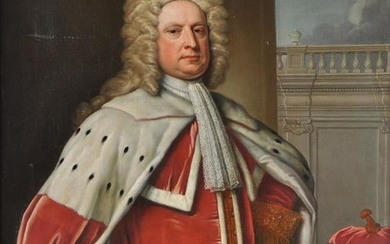 Circle of Thomas Hudson (British 1701-1779), Portrait of Henry Marynard, 4th Baron Maynard, three-quarter-length, in peer's robes