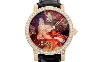 Classical Mucha | A limited edition pink gold and diamond-set wristwatch with hand-painted miniature on mother-of-pearl dial, Circa 2008 | 崑崙 | Classical Mucha | 限量版粉紅金鑲鑽石腕錶，備手工微繪珠母貝錶盤，約2008年製, Corum