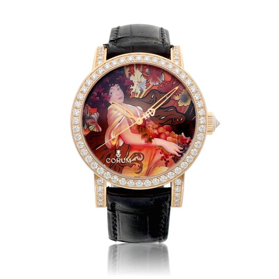 Classical Mucha | A limited edition pink gold and diamond-set wristwatch with hand-painted miniature on mother-of-pearl dial, Circa 2008 | 崑崙 | Classical Mucha | 限量版粉紅金鑲鑽石腕錶，備手工微繪珠母貝錶盤，約2008年製, Corum