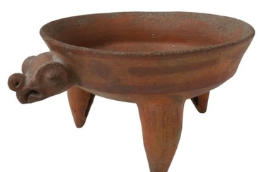 Clay Tripod Bowl Pre-Columbian Animal Figure Rattle Leg