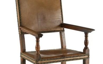 Continental Fruitwood and Leather Armchair