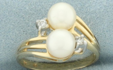 Cultured Akoya Pearl and Diamond Toi et Moi Ring in 14k Yellow Gold
