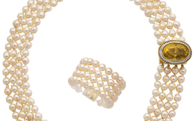 Cultured Pearl, Citrine, Diamond, Gold Convertible Jewelry Suite Stones:...