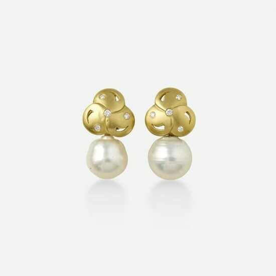 Cultured pearl, diamond, and gold earrings