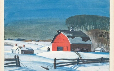 Dale Nichols (American, 1904-1995) Red Barn in Snow