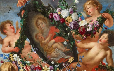 Daniel Seghers Cornelius Schut - Image of the Virgin and Child borne aloft by Cherubim and Adorned with Garlands