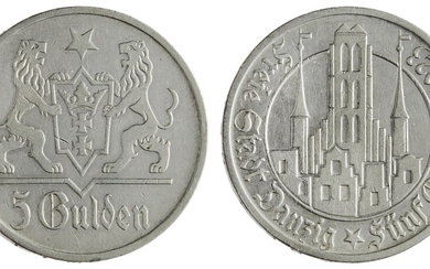 Danzig. Freiestadt. 5 Gulden, 1923. Marienkirche within circle, rev.. Supported Arms. KM 147. E...
