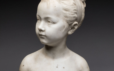 D'après Jean-Antoine HOUDON (1741-1828). "Petite fille, Mademoiselle Brongniart". Buste sur piédouche en marbre de Carrare....