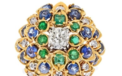David Webb 18K Yellow Gold Diamond Sapphire Emerald Ring