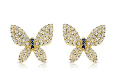 Diamond 1/2ctw & Blue Sapphire Earrings Set In 14k Yellow Gold
