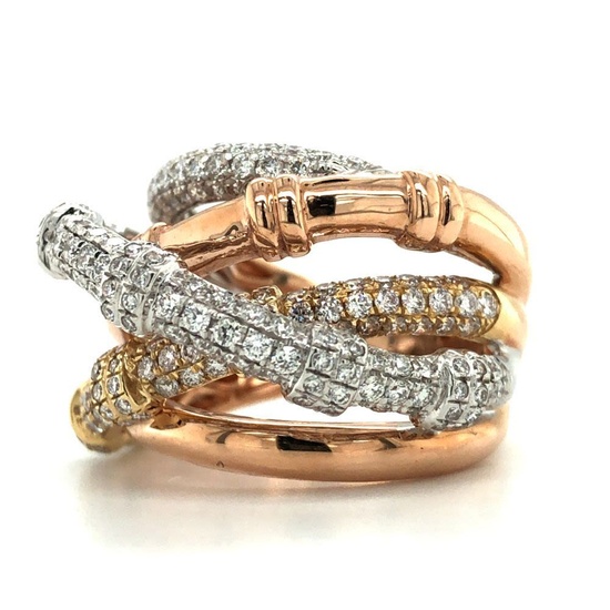Diamond Crossover Ring, Yellow, White & Rose Gold