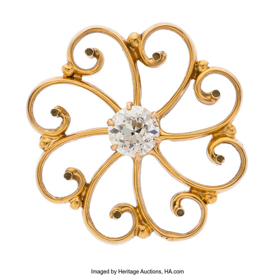Diamond, Gold Pendant-Brooch The pendant-brooch centers a European-cut diamond...