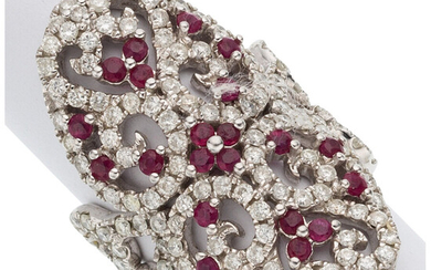 Diamond, Ruby, White Gold Ring The ring features full-cut...