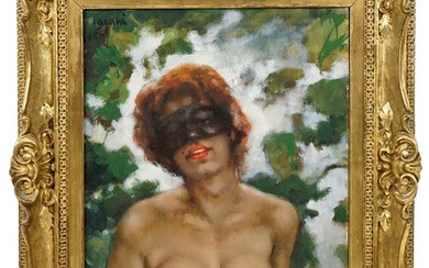 Donna in maschera, olio su tela, cm 60x50, firmato e datato, entro cornice