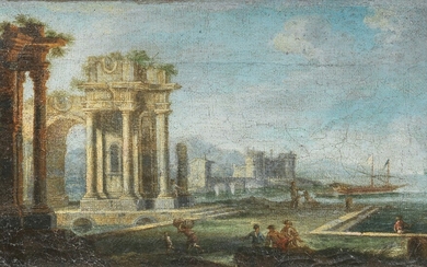 Due dipinti a soggetto «Paesaggio con veduta di porto e rovine», Gennaro Greco detto il Mascacotta (ambito di) (Napoli 1663 - 1717)