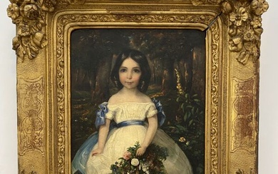 ECOLE FRANCAISE DU XIXe SIECLE Portrait de jeune fille au bouquet Huile sur toile. 28...