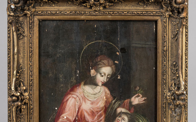 ECOLE FRANCAISE de la fin du XVIIème siècle. "Vierge tenant une rose et l'Enfant". Huile...