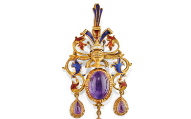 ENAMEL AND AMETHYST PENDANT-BROOCH designed as 18K yellow gold...